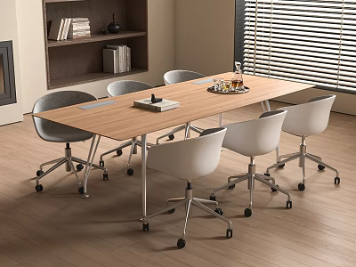 Modern Conference Table In Office Setting With Wooden Top Wheeled Chairs Bookshelf And Window Blinds 3d model