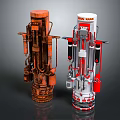 Rusted And Modern Mechanical Devices With Cylindrical Structures On Dark Background