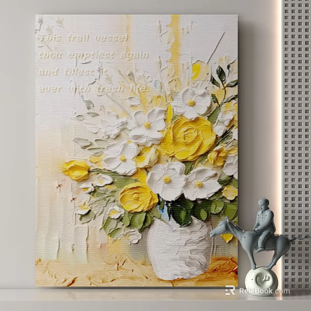Textured Floral Oil Painting with Yellow and White Flowers in White Vase on Canvas Background 3d model 