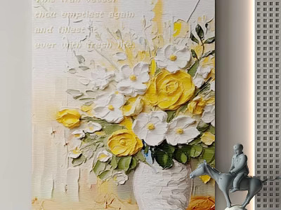 Textured Floral Oil Painting with Yellow and White Flowers in White Vase on Canvas Background 3d model