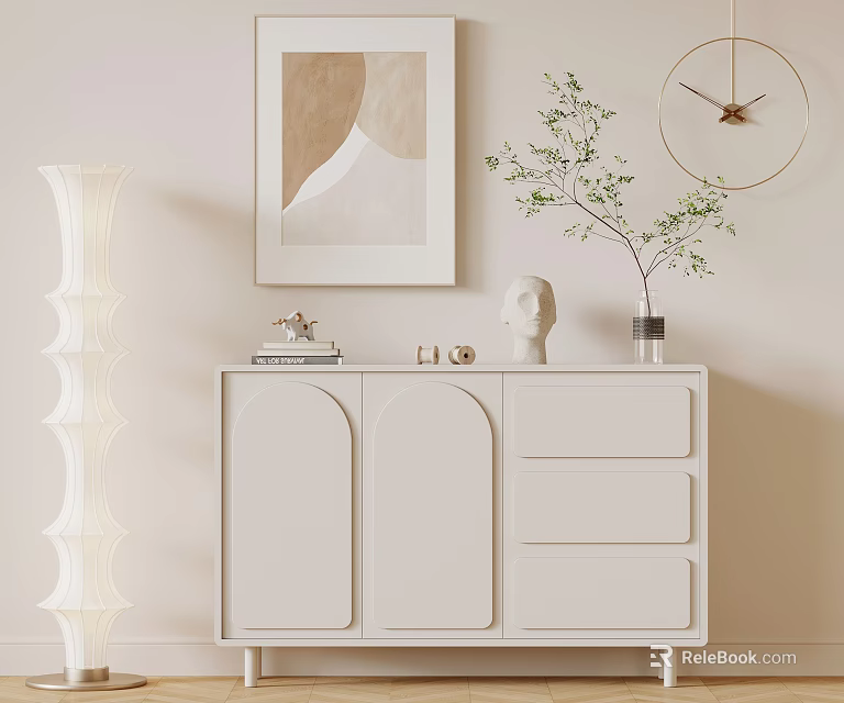 Stylish White Entryway Console Table With Abstract Painting Green Plant Wall Clock And Floor Lamp 3d model 