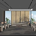 Modern Conference Room Interior With Chinese Landscape Painting Sofas Rug And Elegant Lighting