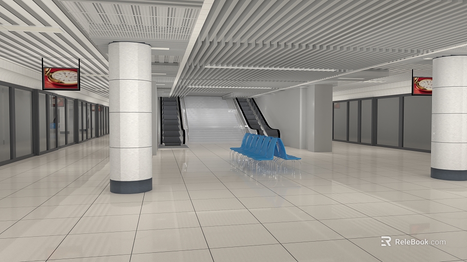 Modern Train Station Interior With White Columns Escalators Blue Seats And White Tiled Floor 3d model 