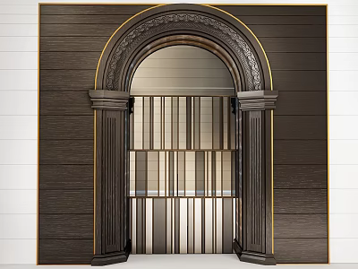 Ornate Arched Doorway With Decorative Columns And Wooden Wall Metal Grille 3d model