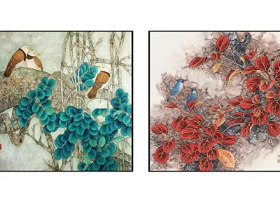 Vibrant Traditional Chinese Bird and Flower Paintings with Blue and Red Leaves 3d model