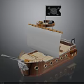Pirate Ship Model With White Sail Jolly Roger Flag And Wooden Hull