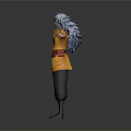 Blue Haired Character In Yellow Vest With Red Belt And Arm Tattoos Holding Dual Sticks