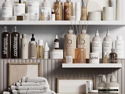 Modern Bathroom With Organized Small Items And Towels 3d model