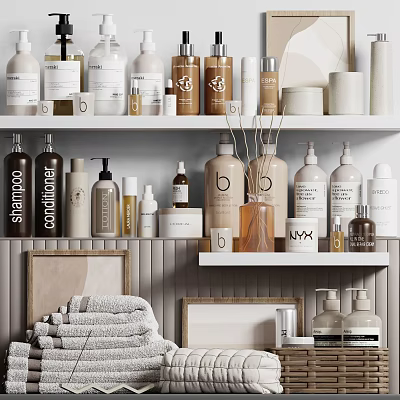 Modern Bathroom With Organized Small Items And Towels 3d model