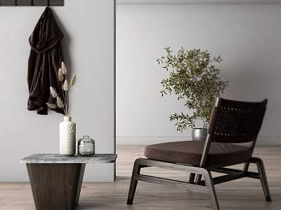 Dark Colored Leisure Chair With Woven Backrest Side Table And Green Plant Decor 3d model