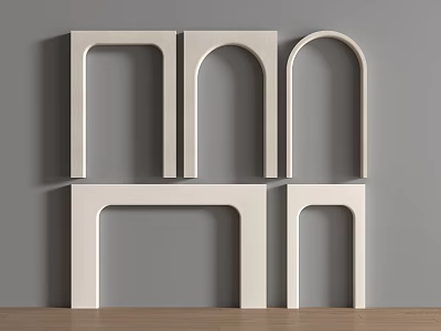 White Decorative Frames With Rectangular And Arched Shapes On Gray Background And Wooden Floor 3d model