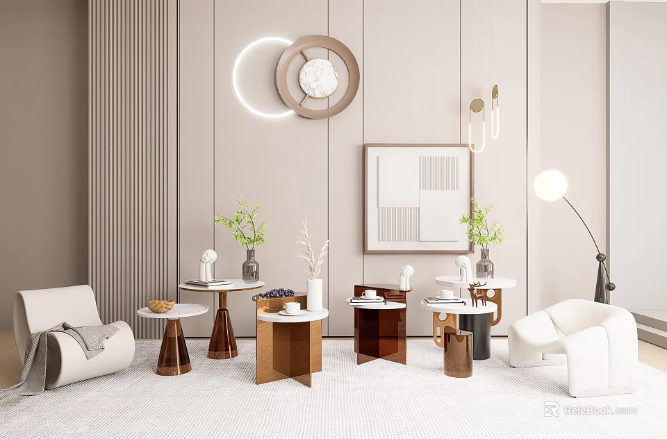 Elegant Modern Living Room Interior With Multiple Coffee Tables Green Plants Wall Decor And Lighting 3d model 