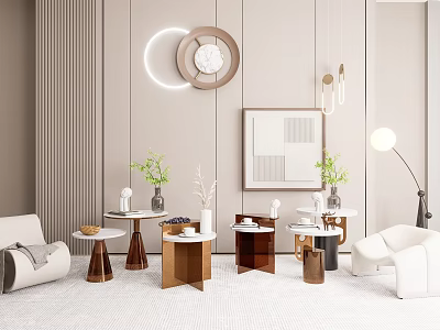 Elegant Modern Living Room Interior With Multiple Coffee Tables Green Plants Wall Decor And Lighting 3d model