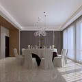 Modern Banquet Hall With Round Dining Table White Chairs Chandelier And Floor To Ceiling Windows