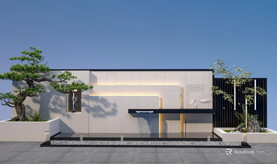 Modern Luxury Courtyard Design With Water Feature Stone Wall And Pine Tree 3d model