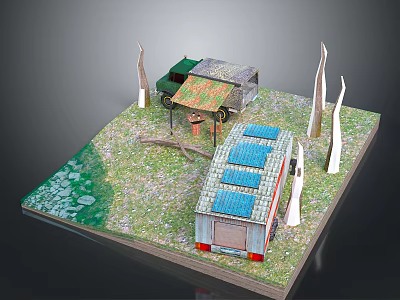 Model Scene With Green Vehicle Solar Panel Roof Building Grassy Ground And White Tree Trunks 3d model