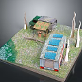 Model Scene With Green Vehicle Solar Panel Roof Building Grassy Ground And White Tree Trunks