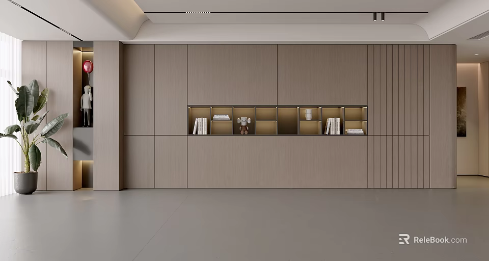 Modern Light Brown Wooden Wall Panel With Built In Display Shelves Books And Decorative Items 3d model 