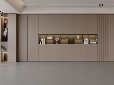 Modern Light Brown Wooden Wall Panel With Built In Display Shelves Books And Decorative Items 3d model