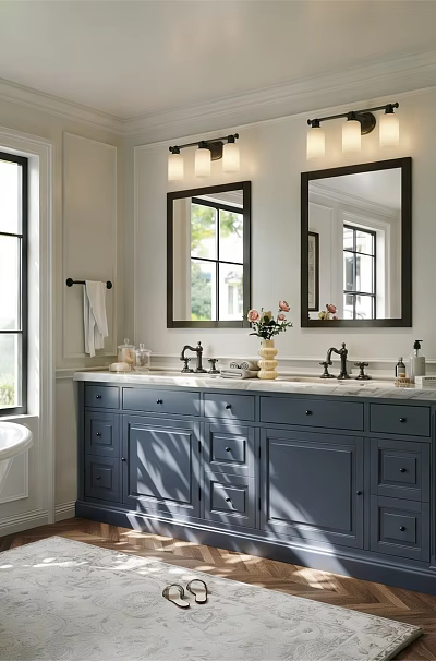 Bright Modern Farmhouse Bathroom Interior With Navy Blue Double Sink Vanity And Freestanding White Bathtub 3d model