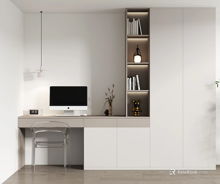 Modern Home Office Desk With iMac Computer Bookshelf Table Lamp And Decorative Items 3d model 