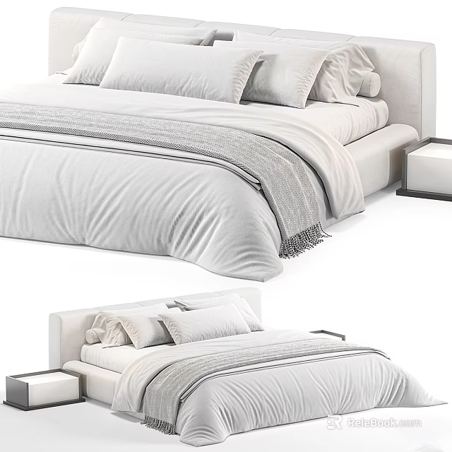 Modern White Double Bed With Soft Pillows And Cozy Blanket And Nightstand 3d model 
