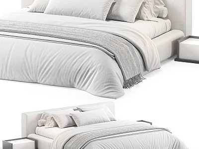 Modern White Double Bed With Soft Pillows And Cozy Blanket And Nightstand 3d model