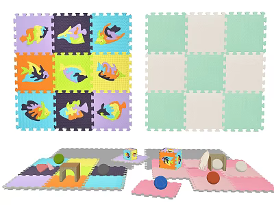 Colorful Circular Carpet With Interlocking Design And Cartoon Patterns For Kids Play 3d model