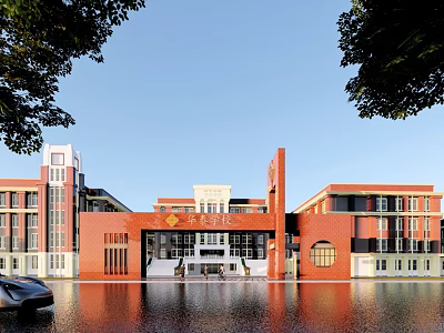 Red Brick School Building With Modern Main Entrance And Water Reflection Surrounding Trees 3d model