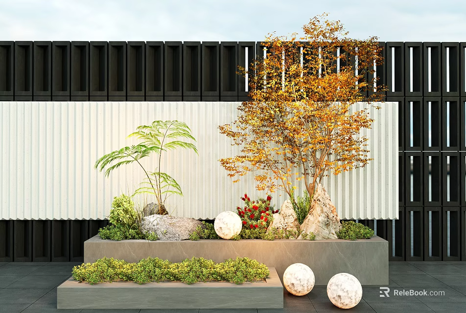 Modern Garden Landscape With Fence Orange Leaved Tree Green Plants Stones And White Spherical Decorations 3d model 