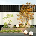 Modern Garden Landscape With Fence Orange Leaved Tree Green Plants Stones And White Spherical Decorations