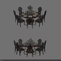 Elegant Round Dining Table Set With Carved Chairs And Decorative Centerpiece