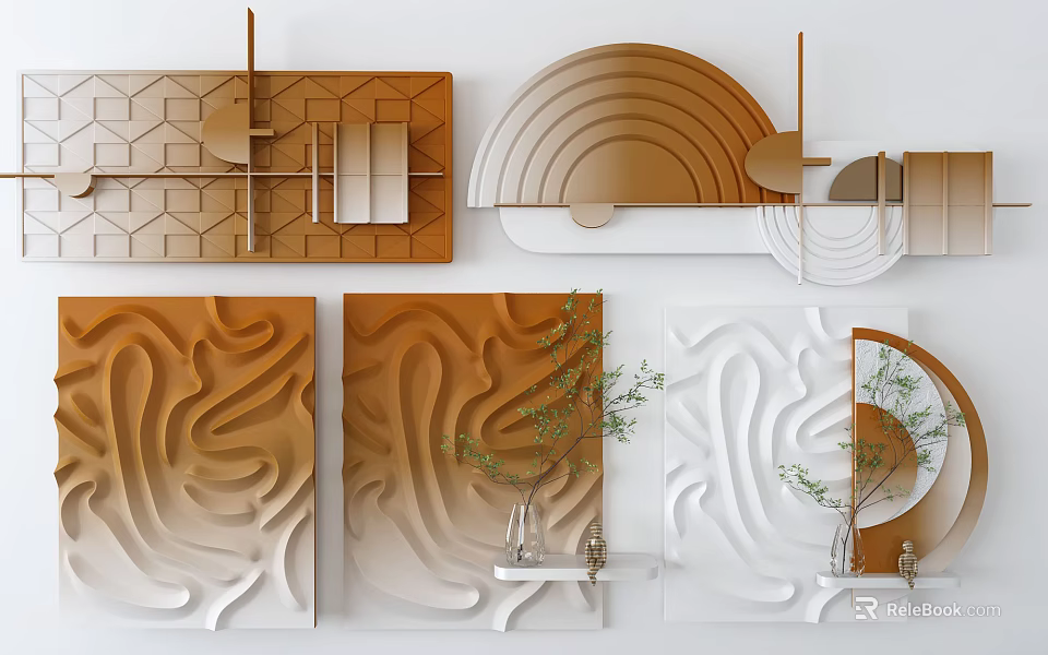 Modern Geometric Wall Decor With Brown White Gradient Texture And Plant Shelf 3d model 