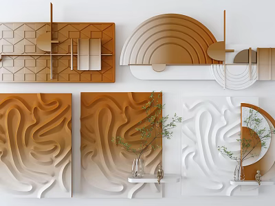 Modern Geometric Wall Decor With Brown White Gradient Texture And Plant Shelf 3d model