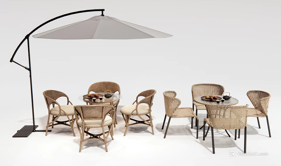 Stylish Outdoor Table with Rattan Chairs and Arched Umbrella for Patio Dining Area 3d model 