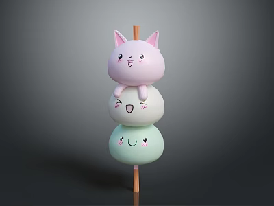 Cute Stacked Round Food with Pink Rabbit Head and Smiling Faces on Wooden Stick 3d model