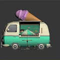 Cute Turquoise Cream Ice Cream Truck With Pink Ice Cream Cone And Umbrella Table