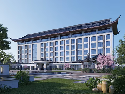 Traditional Chinese School Building with Courtyard Pagoda Roof Large Windows and Cherry Blossom Trees 3d model