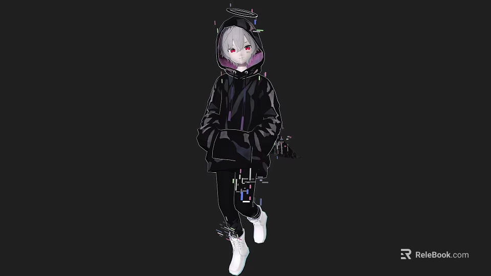 Woman In Black Hoodie With Gray Hair And Purple Highlights Wearing White Shoes 3d model 