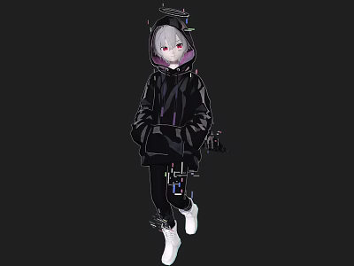 Woman In Black Hoodie With Gray Hair And Purple Highlights Wearing White Shoes 3d model