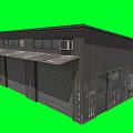 Dark Metal Industrial Building With Multiple Roll Up Doors On Green Screen Background