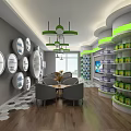 Modern Specialty Store Interior With White Green Shelves Central Display And Hexagonal Tile Floor