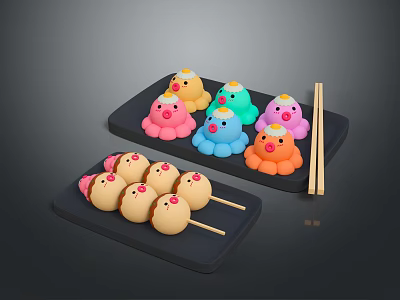 Colorful Cartoon Shaped and Brown Round Food Skewers on Black Trays 3d model
