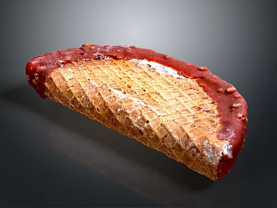 Delicious Golden Waffle Ice Cream Cone Topped with Red Sauce and Crushed Nuts 3d model