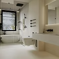 Modern Bathroom Interior With Freestanding Bathtub Wall Mounted Toilet Vanity Window Blinds And Plants