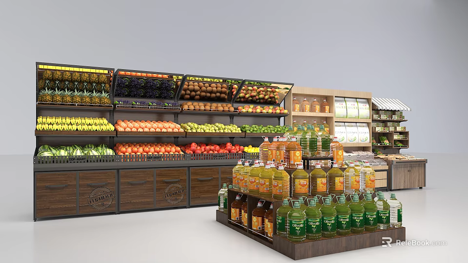 Organized Supermarket Shelves Display Fresh Fruits And Various Beverages In Store 3d model 