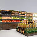 Organized Supermarket Shelves Display Fresh Fruits And Various Beverages In Store