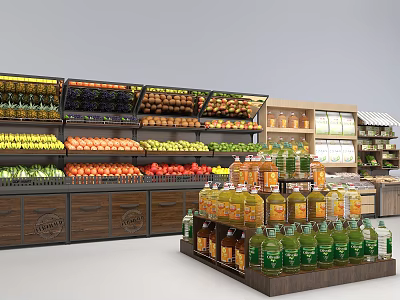 Organized Supermarket Shelves Display Fresh Fruits And Various Beverages In Store 3d model