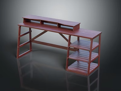 Red Wooden Desk Workstation With Upper Shelf And Lower Layered Storage Shelves 3d model
