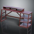 Red Wooden Desk Workstation With Upper Shelf And Lower Layered Storage Shelves